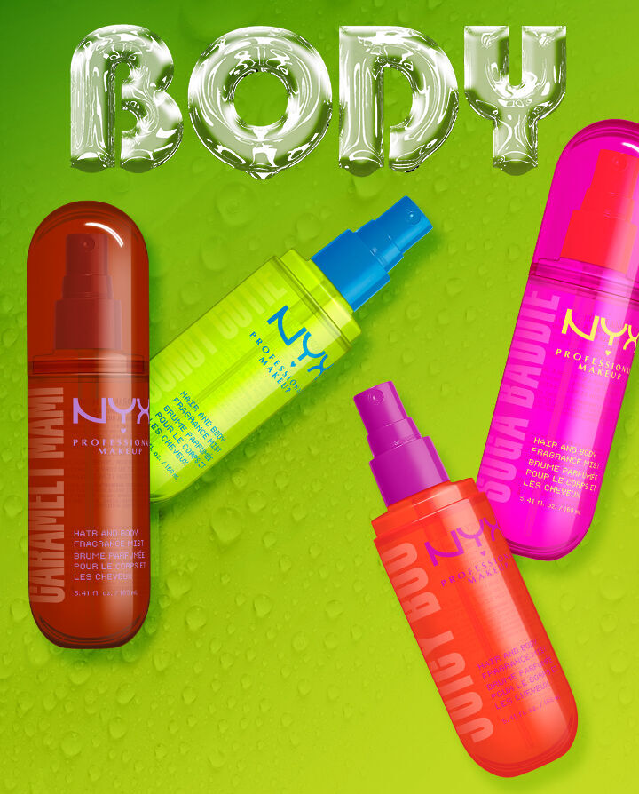 All four NYX Professional Makeup Body fragrances packshots shown of Suga Baddie, Coconut Cutie, Juicy Boo, and Caramelt Mami. 