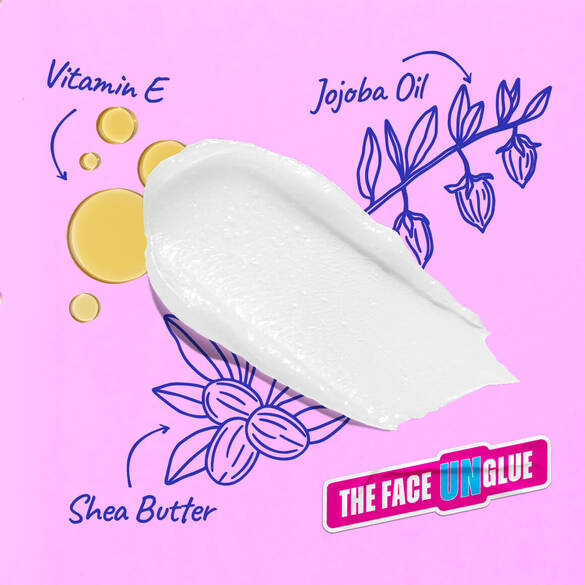 White balm texture swatch with illustrated ingredients: Vitamin E drops, jojoba oil plant, and shea butter nuts. Pink background with 'THE FACE UNGLUE' logo at the bottom right.