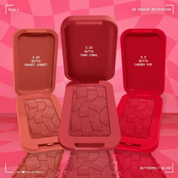 Une image presentant les trois nouvelles teintes de buttermelt blush Sunset Sorbet, Butta Than Coral et Cherry Pop.