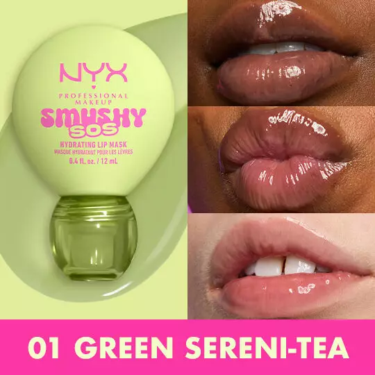 Lip macros in three different skin tones of models wearing NYX Professional Makeup Smushy SOS Hydrating Lip Mask in shade 01 Green Sereni-tea
