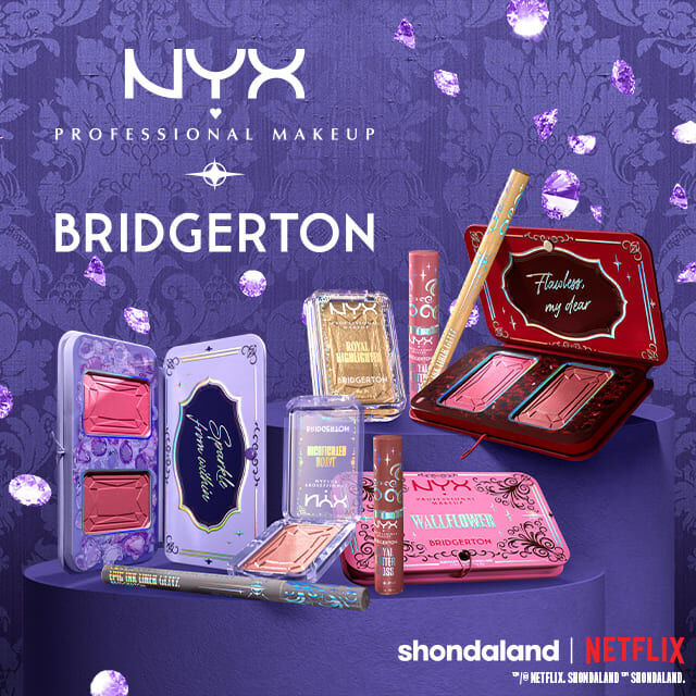Collection Bridgerton au complet avec le logo de la serie, un fond violet et des diamants