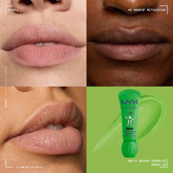 NYX Professional Makeup M&amp;M’S Smushy Surprize Matte Lip Balm in Green, shown with clear finish on lips of various skin tones.