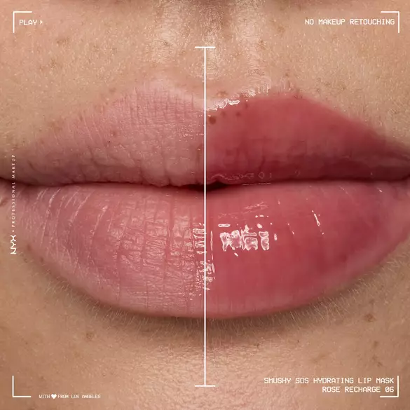 Close-up of lips shown before and after application of NYX Professional Makeup Smushy SOS Hydrating Lip Mask in Rose Recharge 06, with the right side appearing glossier, smoother, and more hydrated.