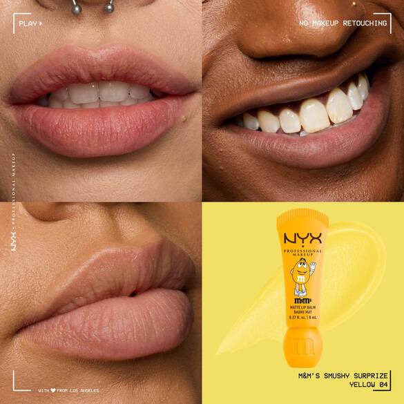 NYX Professional Makeup M&amp;M’S Smushy Surprize Matte Lip Balm in Yellow, shown with clear finish on lips of various skin tones.