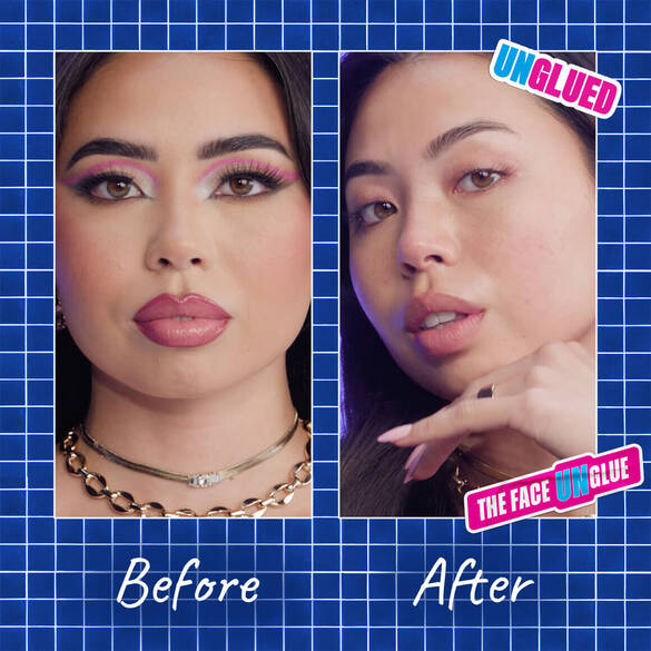 Le nouveau baume demaquillant The Face Unglue de NYX Professional Makeup est presente avec un avant apres montrant l'efficacite du produit. 