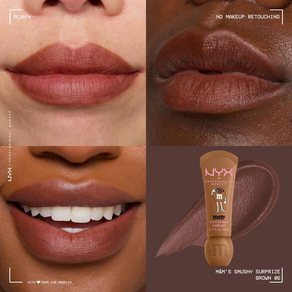 NYX Professional Makeup M&amp;M’S Smushy Surprize Matte Lip Balm in Brown, shown with brown matte finish on lips of various skin tones.