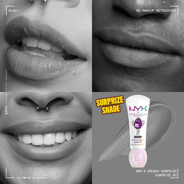 NYX Professional Makeup M&amp;M’S Smushy Surprize Matte Lip Balm in Surprise shade, shown with black and white effect on lips of various skin tones.