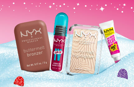 Ce visuel presente un fond avec le ciel rose et des etoiles ainsi que des montagnes de couleur blanche et bleu clair. Des produits de maquillage NYX Professional Mekeup y sont pose. Nous pouvons voir un buttermelt bronzer, un glip IV gloss, buttermelt highlighter ainsi que le fixateur a sourcils crazy lift.						