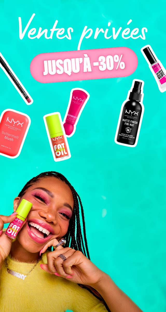 Annonce du debut des ventes privees pour les membres sur le site nyx cosmetics. Sur un fond turquoise se trouve une femme tenant un fat oil lip drip. La mention "Venyes privees jusqu'a -30% est inscrite" avec des produits dispersees autour.