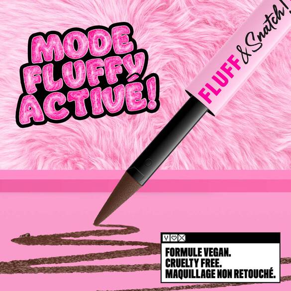 NYX Professional Makeup Fluff & Snatch brow pencil shown with a brown line drawn on a pink background, fluffy pink texture, and text highlighting vegan, cruelty-free, and no makeup retouching.