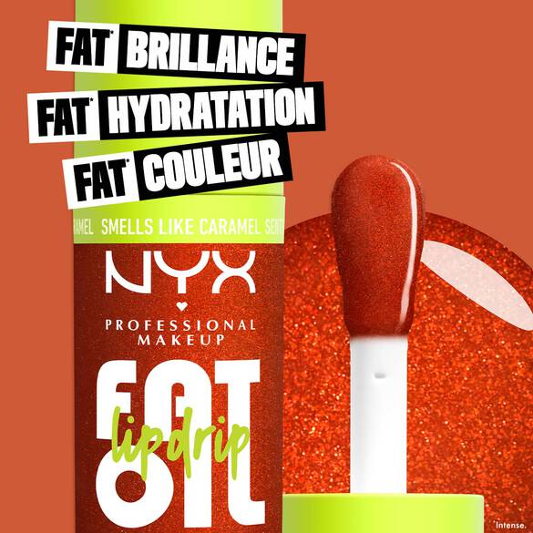 NYX Professional Makeup Caramelt Mami body cream in an orange jar, with caramel swirl and caramel candy, labeled as smelling like caramel and pistachio, on a purple background.
