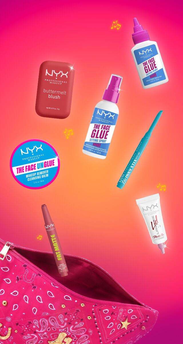 Sur un fond rose degrade les produits de la selection speciale festival de NYX Professional makeup sortent d'une pochette rose. 	