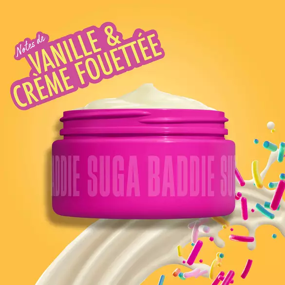NYX Professional Makeup Suga Baddie body cream in a bright pink jar, with vanilla cream swirl and colorful sprinkles, labeled as smelling like vanilla and cream, on a yellow background. 