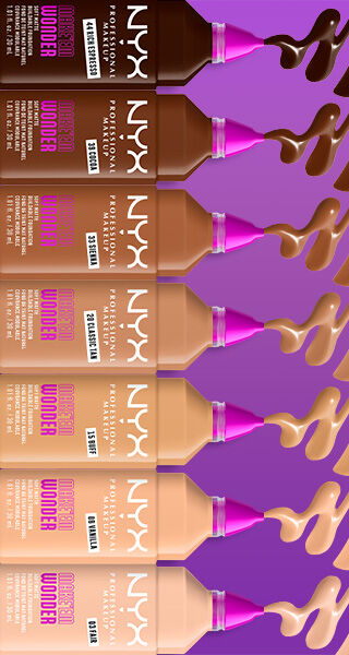 Sept bouteilles de fond de teint NYX Professional Makeup "Make 'Em Wonder" sont presentees en degrade de couleurs, allant du marron tres fonce au beige tres clair.	