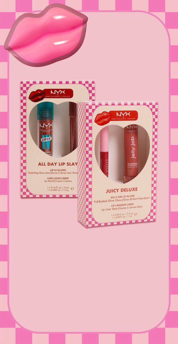 Sur un fond degrade de rose a blanc, sont place les deux nouveaux kit lip combo de NYX Professional Makeup. Ces kits contiennent chacun un crayon ou feutre pour faire le contour des levres ainsi qu'un gloss brillant ou strain. 	