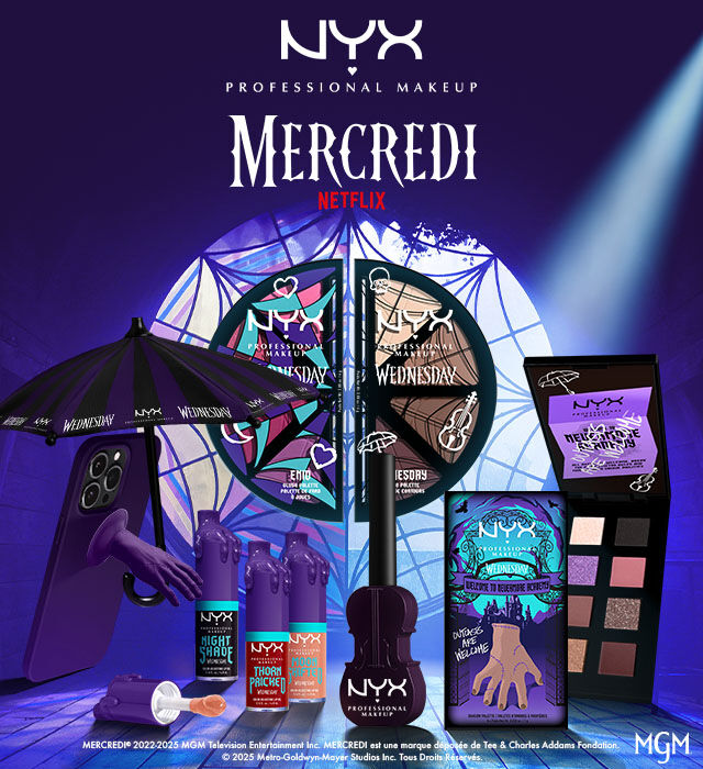 Tous les produits de la collection NYX Professional Makeup x Mercredi avec en fond le vitrail de la chambre de Mercredi.