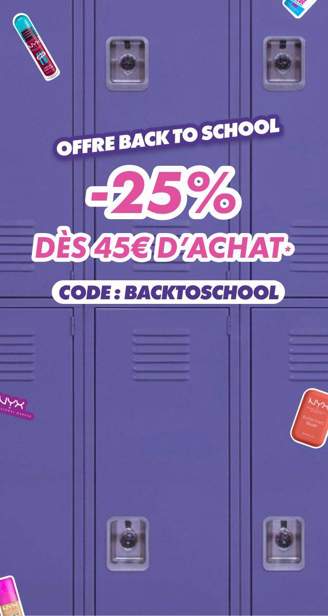 Des casiers violets en fond avec des stickers de produits et de logo NYX Professional Makeup. Il y a du texte, dans un format qui rappelle des stickers colles, on peut lire : OFFRE BACK TO SCHOOL, des 45€ d'achat, -25% avec le code BACKTOSCHOOL.