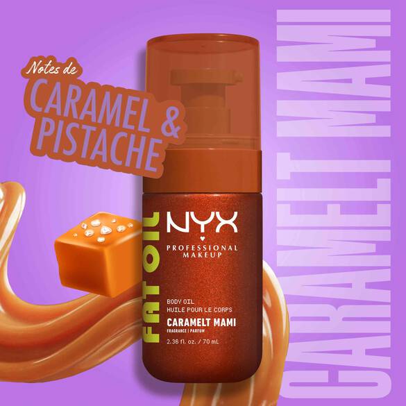 NYX Professional Makeup Fat Oil Body Oil in Caramelt Mami scent, bright golden bronzed bottle, with caramel, labeled as smelling like caramel and pistachio, on a purple background.