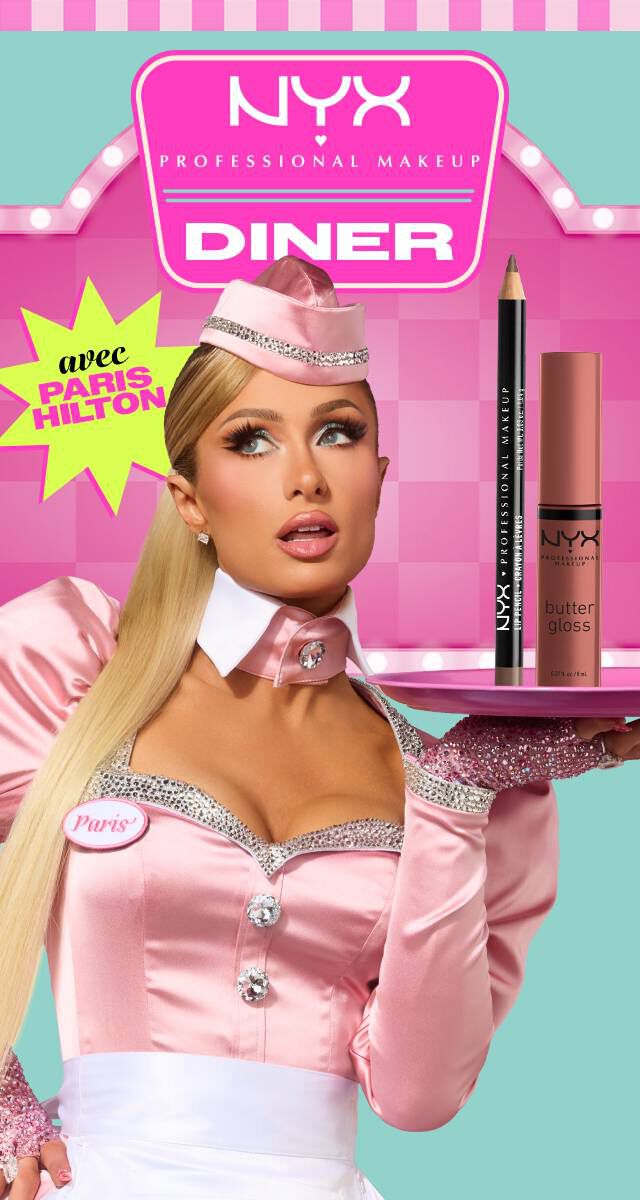 Sur un visuel statique au fond bleu clair nous avons Paris Hilton en tenue de serveuse tenant une assiette sur laquelle sont disposes quatre lip combo differents. Le texte "Bienvenue au NYX Professionnal Makeup Diner" est inscrit sur la droite. 	