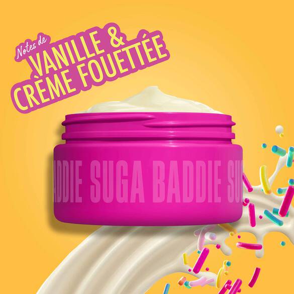 NYX Professional Makeup Suga Baddie body cream in a bright pink jar, with vanilla cream swirl and colorful sprinkles, labeled as smelling like vanilla and cream, on a yellow background.