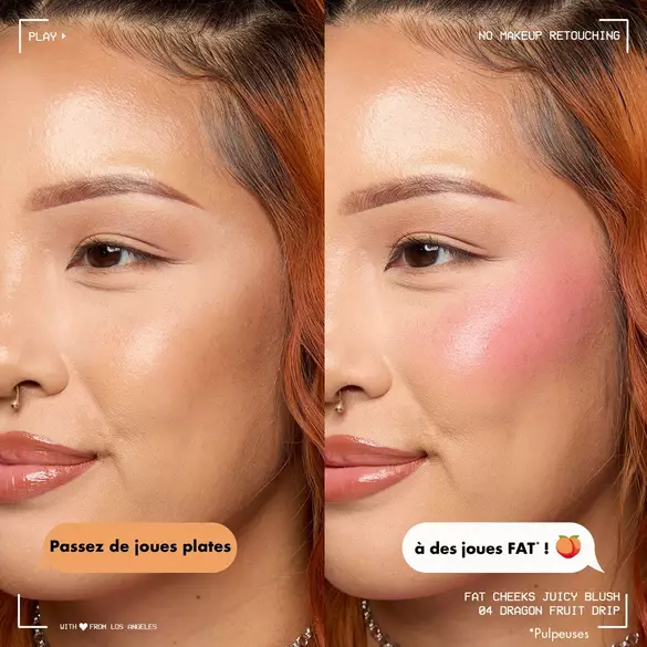 Avant/Apres de l'application du Blush liquide Fat Cheeks : effet rose, joues pulpeuses