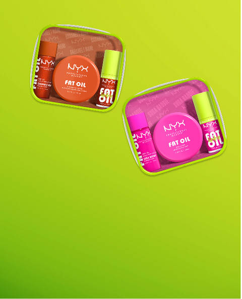 All four NYX Professional Makeup Body Oil packshots shown of Suga Baddie, Coconut Cutie, Juicy Boo, and Caramelt Mami.