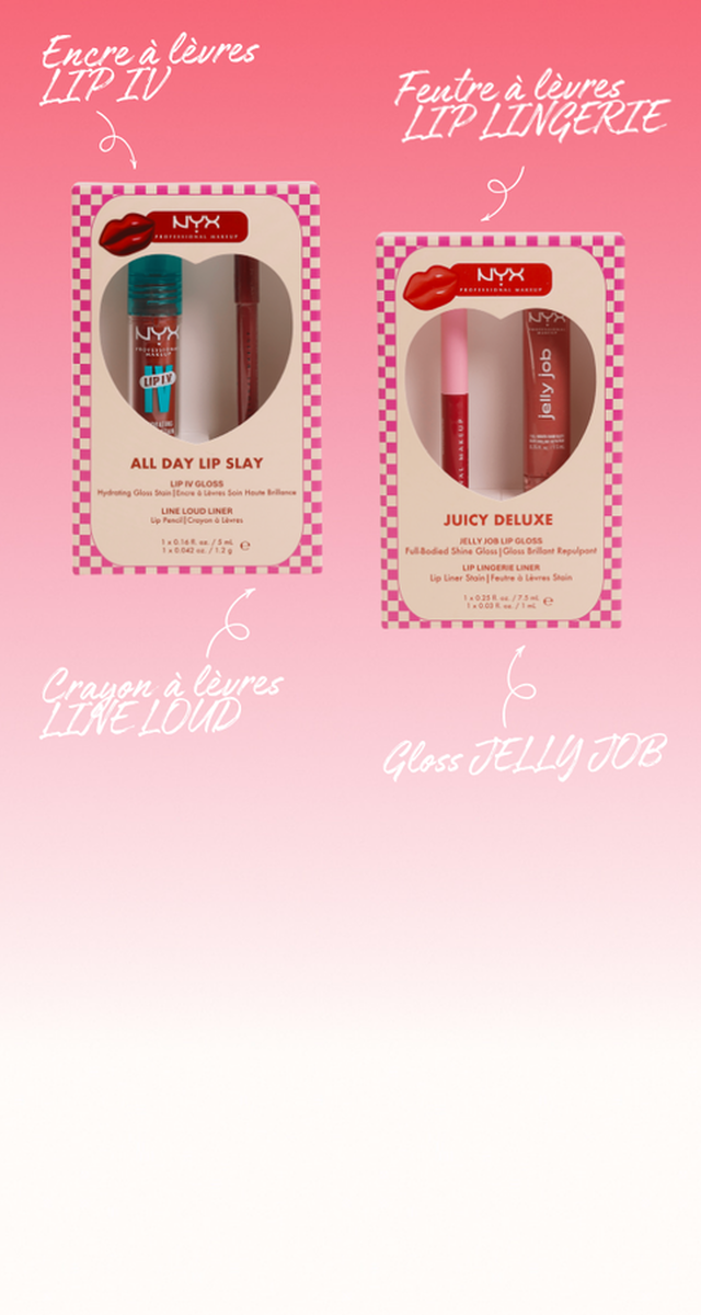 Sur un fond degrade de rose a blanc, sont place les deux nouveaux kit lip combo de NYX Professional Makeup. Ces kits contiennent chacun un crayon ou feutre pour faire le contour des levres ainsi qu'un gloss brillant ou strain.