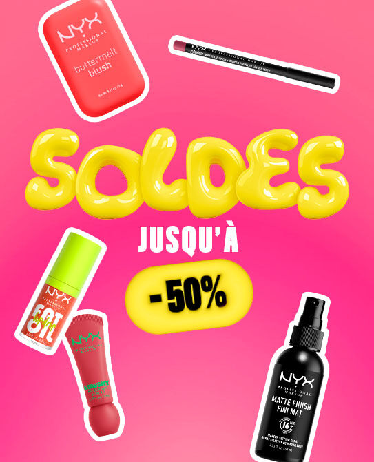 oldes jusqu’a -50%” en jaune au milieu et des produits sont disperses autour