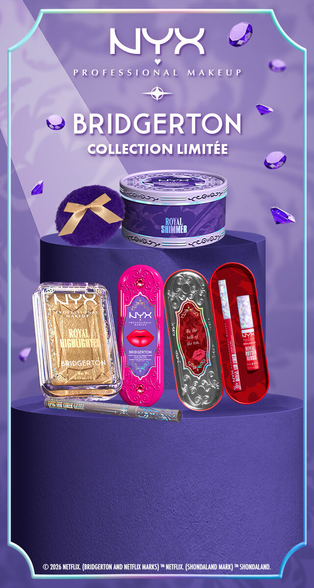 Presentation de la nouvelle collection limitee entre NYX Professional Makeup et la serie Bridgerton. Sur un fond violet orne de diamants, sont presentes les nouveaux royal lip kit, un royal buttermelt highlighter, la Royal Houppette Illuminatrice Corps et un Royal eyeliner epic ink glitz.	