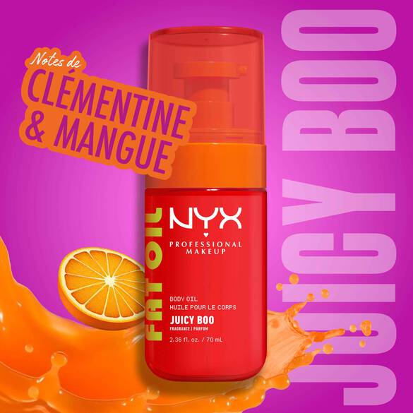 NYX Professional Makeup Fat Oil Body Oil in Juicy Boo scent, bright orange bottle, with clementine slice and mango splash, labeled as smelling like clementine and mango, on a purple background.