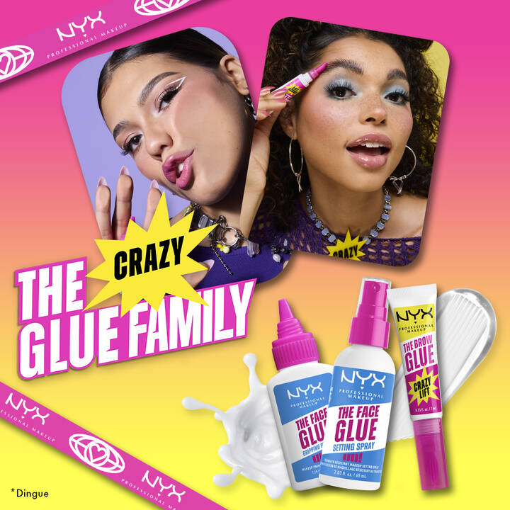 Sur un fond degrade de rose, orange et jaune nous avons un carousel de produits de la famille glue. Nous pouvons retrouver : le spray fixateur face glue, le primer face glue ainsi que le gel a sourcils crazy lift.