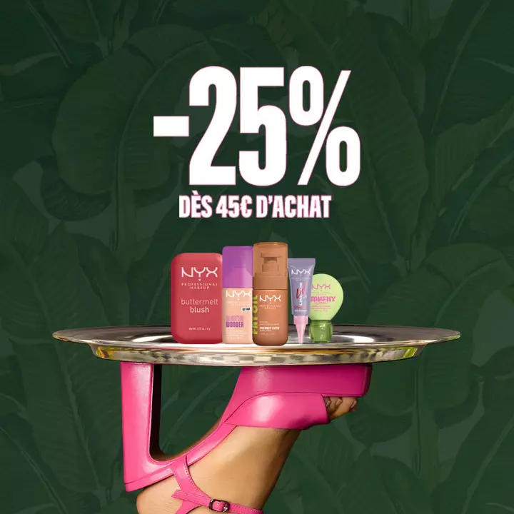 Profitez de l'offre Halloween NYX Professional Makeup avec -25% des 45€ d'achat sur vos indispensables beaute presentes sur un plateau d'argent soutenu par un talon compense rose fluo iconique.