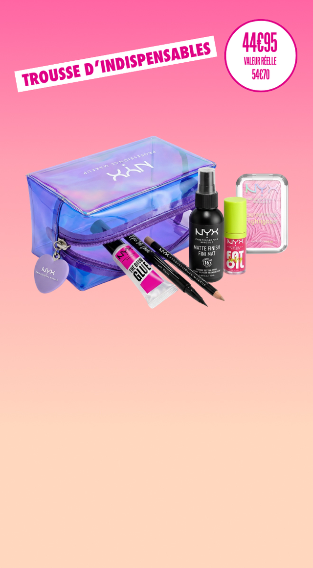 Sur un fond degrade de rose et jaune sont disposes une trousse et six produits bestseller de la marque NYX Professional makeup. Nous avons un gel brow glue, un eyeliner epic ink noir, un spray fiateur mattifiant, un gloss fat oil lip drip, un highlighter poudre buttermelt ainsi qu'un crayon a levres slim lip liner. Au dessus de cette image nous avons l'inscription "trousse d'indispensables" ainsi que le prix de cette trousse qui est a 44€95 pour une valeur reelle de 54€70.