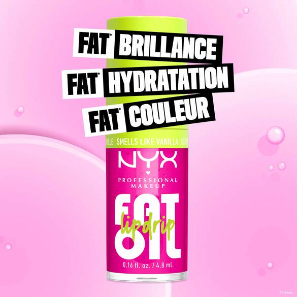 NYX Professional Makeup Fat Oil Lip Drip in shade 20 Suga Baddie, vanilla-scented, promises fat shine, 12-hour hydration, and protection. Pink lip oil bottle on a pink bubbly background.