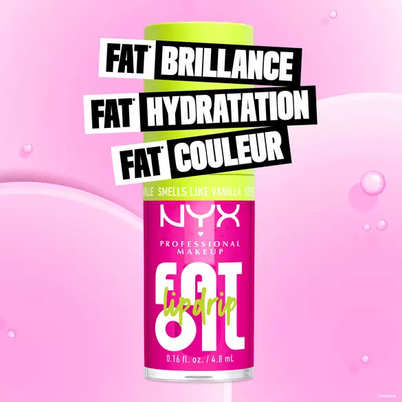 NYX Professional Makeup Fat Oil Lip Drip in shade 20 Suga Baddie, vanilla-scented, promises fat shine, 12-hour hydration, and protection. Pink lip oil bottle on a pink bubbly background.