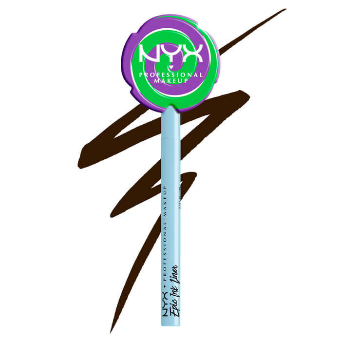 Open NYX Professional Makeup Holiday Candy Swirl Liner showing the brush tip applicator and its drawn swatch in shade 02 Milk Chocolate