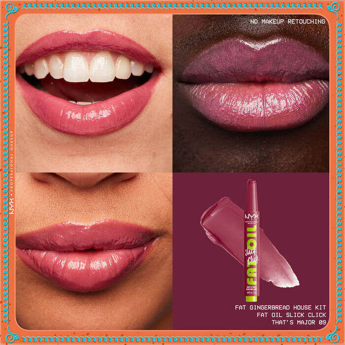 Presents a grid of three close-up images of models' lips, showcasing shades of the "Fat Oil Slick Click" product on different skin tones, along with an image of the product tube and a swatch, focusing on its balm-like application in shade 09 That's Major.