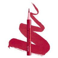 NYX Professional Makeup Lip Lingerie Lip Liner Stain in shade 14 Flirt Alert, upright pen with pink applicator cap over deep berry-red lip liner swatches on a white background.