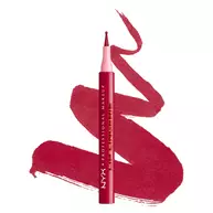 NYX Professional Makeup Lip Lingerie Lip Liner Stain in shade 14 Flirt Alert, upright pen with pink applicator cap over deep berry-red lip liner swatches on a white background.