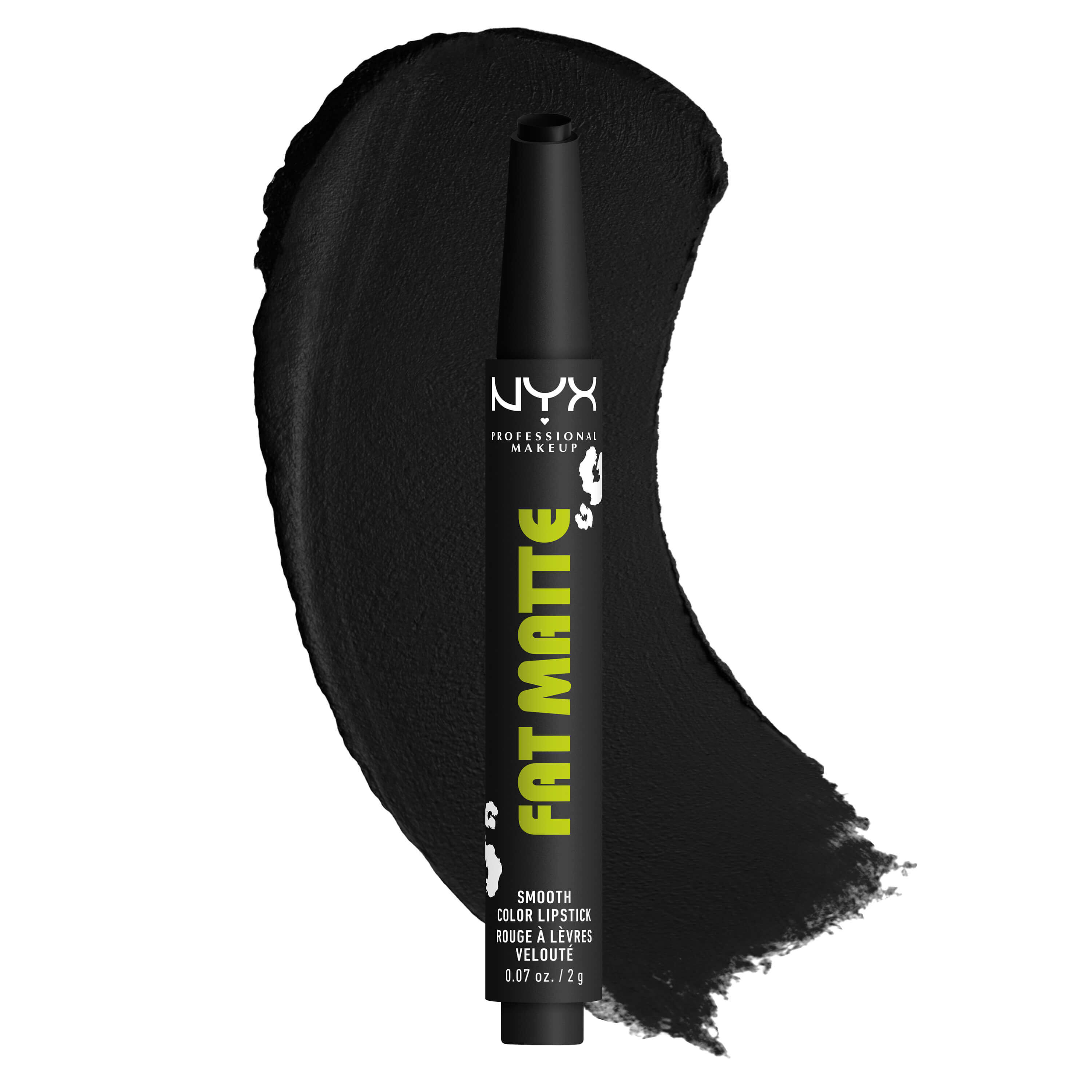 NYX Professional Makeup Party Animals Fat Matte Smooth Color Lipstick in Fatal Pout, shown with a deep black matte lipstick swatch.