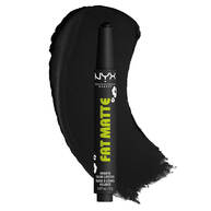 NYX Professional Makeup Party Animals Fat Matte Smooth Color Lipstick in Fatal Pout, shown with a deep black matte lipstick swatch.