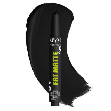 NYX Professional Makeup Party Animals Fat Matte Smooth Color Lipstick in Fatal Pout, shown with a deep black matte lipstick swatch.