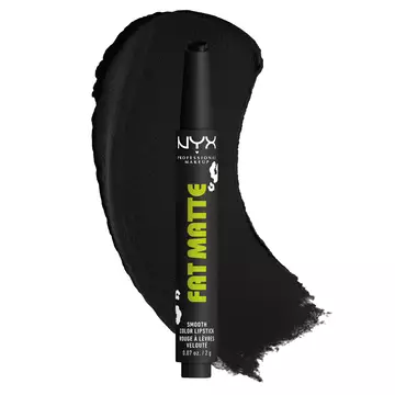 NYX Professional Makeup Party Animals Fat Matte Smooth Color Lipstick in Fatal Pout, shown with a deep black matte lipstick swatch.