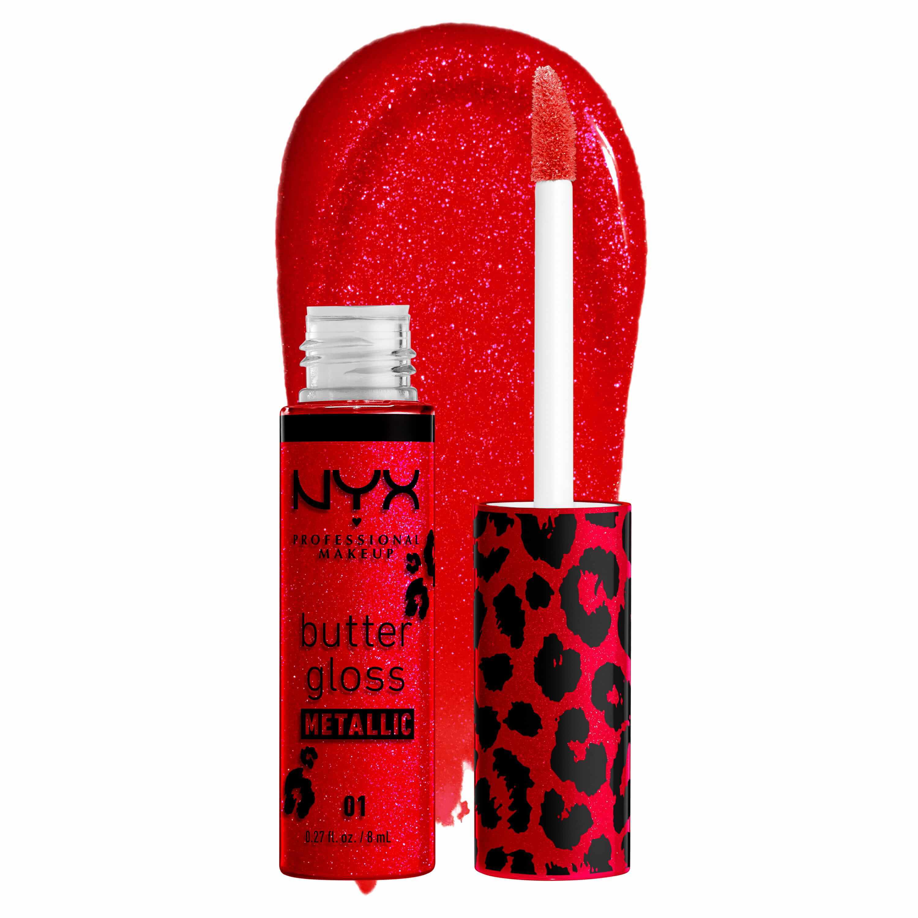 NYX Professional Makeup Party Animals Butter Gloss Bling Metallic in shade 01 Blood Moon, open red glitter lip gloss with applicator beside a glossy red swatch.