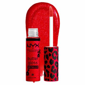 NYX Professional Makeup Party Animals Butter Gloss Bling Metallic in shade 01 Blood Moon, open red glitter lip gloss with applicator beside a glossy red swatch.