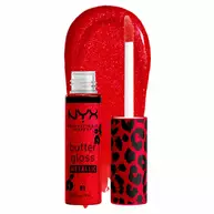 NYX Professional Makeup Party Animals Butter Gloss Bling Metallic in shade 01 Blood Moon, open red glitter lip gloss with applicator beside a glossy red swatch.