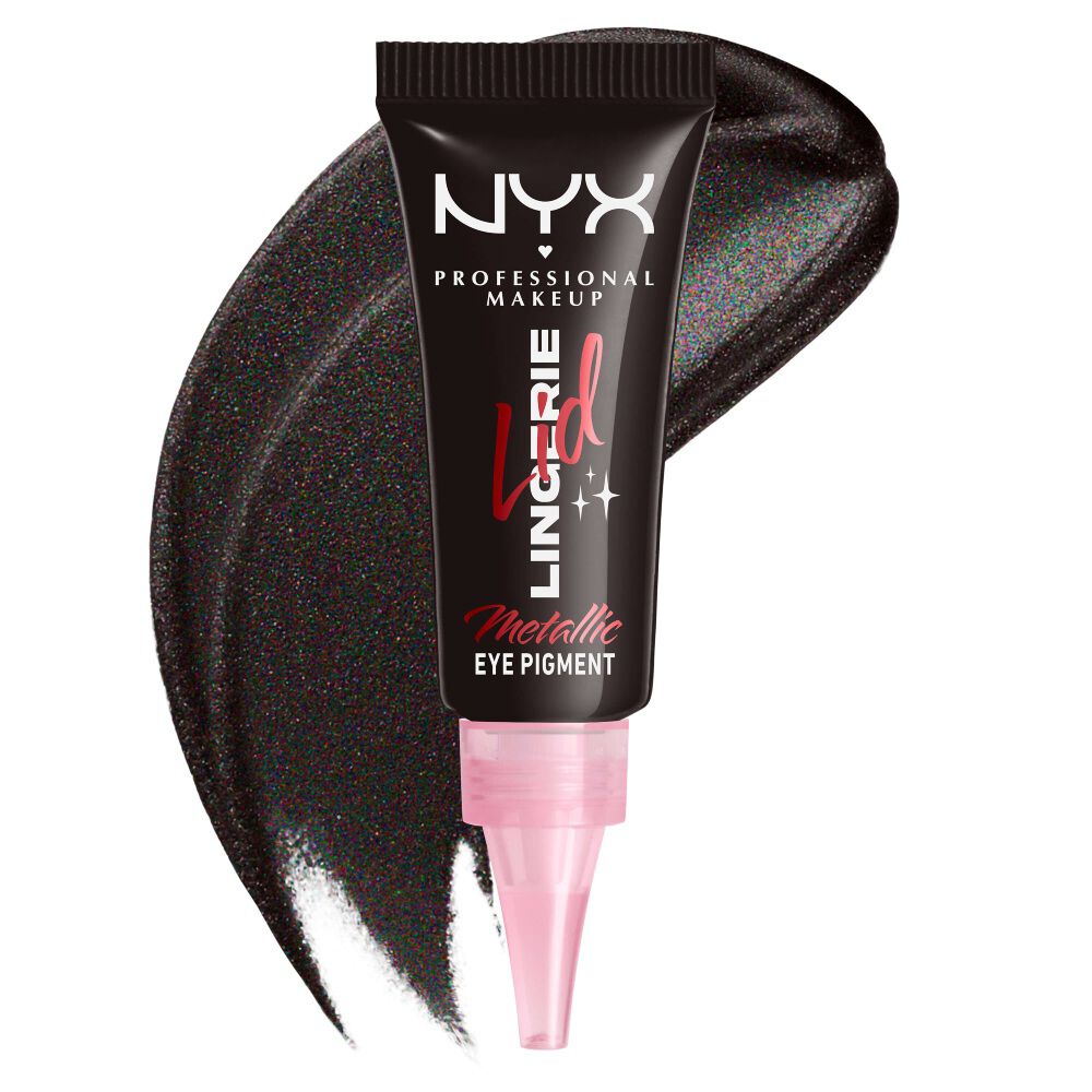 NYX Professional Makeup Party Animals Lid Lingerie Cream Eye Pigment in Gothic Garter, shown with a deep metallic black swatch.