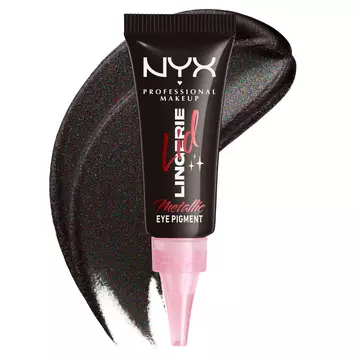 NYX Professional Makeup Party Animals Lid Lingerie Cream Eye Pigment in Gothic Garter, shown with a deep metallic black swatch.