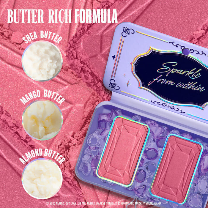 The opened 'NYX Professional Makeup Bridgerton Blush Duo', with three circles indicating key ingredients: Shea Butter, Mango Butter, and Almond Butter, emphasizing a 'Rich Formula' in shade 02 Lady In Silver