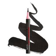 NYX Professional Makeup Lip Lingerie Lip Liner Stain in shade 13 Tied Up, upright pen with pink applicator cap over black lip liner swatches on a white background.
